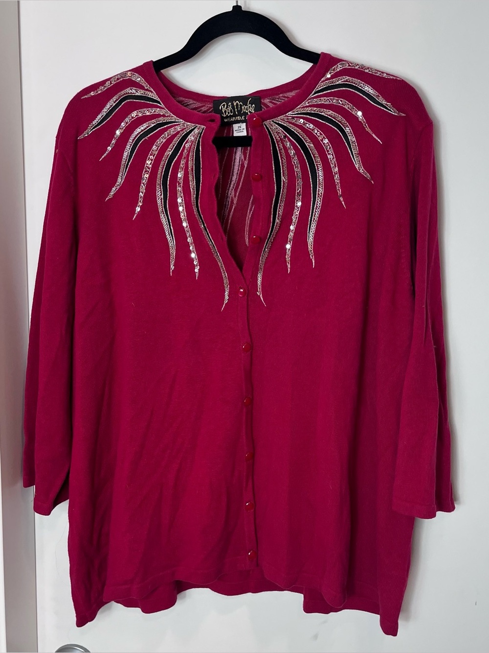 Bob Mackie Wearable Art Red Cardigan Sweater Beaded Embroidered Silver Sequin 2X